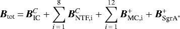 \begin{equation*} {\vec B}_{\text{tot}}\,{=}\,{\vec B}_{\text{IC}}^C&#x002B;\sum_{i\,{=}\,1}^{8}{\vec B}_{\text{NTF,i}}^C&#x002B;\sum_{i\,{=}\,1}^{12}{\vec B}^{&#x002B;}_{\text{MC,i}}&#x002B;{\vec B}_{\textrm{SgrA}^*}^&#x002B; \end{equation*}