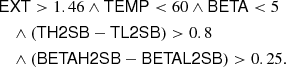 $$ \begin{aligned}&\mathsf {EXT} > 1.46 \wedge \mathsf {TEMP} < 60 \wedge \mathsf {BETA} < 5 \nonumber \\&\quad \wedge (\mathsf {TH2SB} - \mathsf {TL2SB} ) >0.8 \nonumber \\&\quad \wedge (\mathsf {BETAH2SB} -\mathsf {BETAL2SB} )> 0.25. \end{aligned} $$
