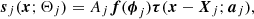 $$ \begin{aligned} \boldsymbol{s}_j(\boldsymbol{x};\mathbf{\Theta }_j) = A_j \boldsymbol{f}(\boldsymbol{\phi }_j) \boldsymbol{\tau }(\boldsymbol{x}-\boldsymbol{X}_j;\boldsymbol{a}_j), \end{aligned} $$