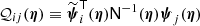 $ \mathcal{Q}_{ij}({{{\boldsymbol{\eta}}}}) \equiv \widetilde{\boldsymbol{\psi}}_i^{\mathsf{T}}(\boldsymbol{\eta}) \mathsf{N}^{-1}(\boldsymbol{\eta}) \boldsymbol{\psi}_j(\boldsymbol{\eta}) $