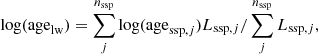 $$ \begin{aligned} \log (\mathrm{age}_{\rm lw}) = \sum _j^{n_{\rm ssp}}\log (\mathrm{age}_{\mathrm{ssp},j})L_{\mathrm{ssp},j}/\sum _j^{n_{\rm ssp}}L_{\mathrm{ssp},j}, \end{aligned} $$