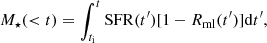 $$ \begin{aligned} M_{\star }( < t) = \int _{t_{\rm i}}^t \mathrm{SFR} (t^{\prime })[1-R_{\rm ml}(t^{\prime })]\mathrm{d}t^{\prime }, \end{aligned} $$