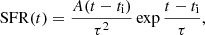 $$ \begin{aligned} \mathrm{SFR}(t) = \frac{A(t-t_{\rm i})}{\tau ^2}\exp {\frac{t-t_{\rm i}}{\tau }}, \end{aligned} $$