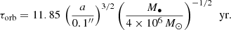 $$ \begin{aligned} \tau _{\rm {orb}}=11.85\,\left(\frac{a}{0.1^{\prime \prime }} \right)^{3/2} \left(\frac{M_{\bullet }}{4\times 10^6\,M_{\odot }} \right)^{-1/2}\,\text{ yr}. \end{aligned} $$
