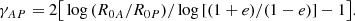 $$ \begin{aligned} \gamma _{AP}=2\big [\log {(R_{0A}/R_{0P})}/\log {[(1+e)/(1-e)]}-1\big ]. \end{aligned} $$