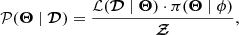 $$ \begin{aligned} \mathcal{P} (\boldsymbol{\Theta } \mid \boldsymbol{\mathcal{D} })=\frac{\mathcal{L} (\boldsymbol{\mathcal{D} }\mid \boldsymbol{\Theta })\cdot \pi (\boldsymbol{\Theta }\mid \phi )}{\boldsymbol{\mathcal{Z} }}, \end{aligned} $$