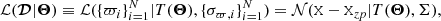 $$ \begin{aligned} \mathcal{L} (\boldsymbol{\mathcal{D} }|\boldsymbol{\Theta })\equiv \mathcal{L} (\{\varpi _i\}_{i=1}^N|T(\boldsymbol{\Theta }),\{\sigma _{\varpi ,i}\}_{i=1}^{N})=\mathcal{N} (\mathtt X -\mathtt X _{zp}|T(\boldsymbol{\Theta }),\mathtt \Sigma ), \end{aligned} $$