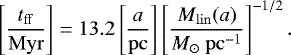 \begin{equation*}\left[\frac{t_{\mathrm{ff}}}{\mathrm{Myr}}\right] = 13.2 \left[\frac{a}{\mathrm{pc}}\right] \left[\frac{M_{\mathrm{lin}}(a)}{M_{\odot}\mathrm{~pc}^{-1}}\right]^{-1/2} .\end{equation*}