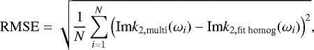 \begin{equation*}\mathrm{RMSE} = \sqrt{\frac{1}{N}\sum_{i=1}^N \left({\textrm{Im}} k_{2, \textrm{multi}}(\omega_i) - {\textrm{Im}} k_{2, \textrm{fit~homog}}(\omega_i) \right)^2}, \end{equation*}