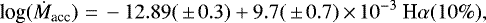 \begin{equation*}\textrm{log}(\dot{M}_{\textrm{acc}})\,\,{=}\,-12.89(\,{\pm}\,0.3) &#x002B; 9.7(\,{\pm}\,0.7)\,{\times}\,10^{-3}~\textrm{H}\alpha(10\%), \end{equation*}