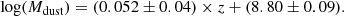 $$ \begin{aligned} \log (M_{\rm dust}) = (0.052\pm 0.04)\times z + (8.80\pm 0.09). \end{aligned} $$