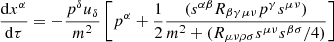 $$ \begin{aligned} \frac{\mathrm{d}x^{\alpha }}{\mathrm{d}\tau } = -\frac{p^{\delta }u_{\delta }}{m^2} \left[ p^{\alpha } + \frac{1}{2} \frac{ (s^{\alpha \beta } R_{\beta \gamma \mu \nu } p^{\gamma } s^{\mu \nu })}{m^2 + (R_{\mu \nu \rho \sigma } s^{\mu \nu } s^{\beta \sigma }/4)}\right] \end{aligned} $$