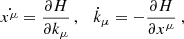 $$ \begin{aligned} \dot{x^{\mu }} = \frac{\partial H}{\partial k_{\mu }} \, , \quad \dot{k}_{\mu } = -\frac{\partial H}{\partial x^{\mu }} \ , \end{aligned} $$
