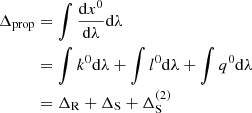 $$ \begin{aligned} \Delta _{\rm prop}&= \int \frac{\mathrm{d}x^0}{\mathrm{d} \lambda } \mathrm{d} \lambda \nonumber \\&= \int k^0 \mathrm{d}\lambda + \int l^0 \mathrm{d}\lambda + \int q^0 \mathrm{d}\lambda \nonumber \\&= \Delta _{\rm R} + \Delta _{\rm S} + \Delta _{\rm S}^{(2)} \end{aligned} $$