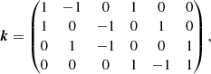 $$ \begin{aligned} \boldsymbol{k} = \begin{pmatrix} 1&-1&0&1&0&0 \\ 1&0&-1&0&1&0 \\ 0&1&-1&0&0&1 \\ 0&0&0&1&-1&1 \end{pmatrix}, \end{aligned} $$