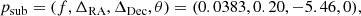 $$ \begin{aligned} p_{\rm sub} = (f, \Delta _{\rm RA}, \Delta _{\rm Dec}, \theta ) = (0.0383, 0.20, -5.46, 0), \end{aligned} $$