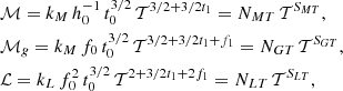 $$ \begin{aligned}&\mathcal{M} = k_M \, h_0^{-1} \, t_0^{3/2} \, \mathcal{T} ^{3/2 +3/2 t_1} = N_{MT} \, \mathcal{T} ^{S_{MT}}, \nonumber \\&\mathcal{M} _g = k_M \, f_0 \, t_0^{3/2} \, \mathcal{T} ^{3/2 +3/2 t_1 + f_1 } = N_{GT} \, \mathcal{T} ^{S_{GT}}, \nonumber \\&\mathcal{L} = k_L \, f_0^2 \, t_0^{3/2} \, \mathcal{T} ^{2 +3/2 t_1 +2 f_1} = N_{LT} \, \mathcal{T} ^{S_{LT}}, \end{aligned} $$