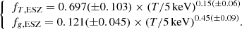 $$ \begin{aligned} {\left\{ \begin{array}{ll} f_{T, \mathrm{ESZ}} = 0.697 (\pm 0.103) \times (T/5\, \mathrm{keV})^{0.15 (\pm 0.06)} \\ f_{g, \mathrm{ESZ}} = 0.121 (\pm 0.045) \times (T/5\, \mathrm{keV})^{0.45 (\pm 0.09)}. \end{array}\right.} \end{aligned} $$
