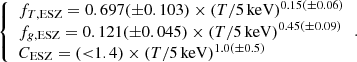 $$ \begin{aligned} {\left\{ \begin{array}{ll} f_{T, \mathrm{ESZ}} = 0.697 ({\pm } 0.103) \times (T/5\, \mathrm{keV})^{0.15 ({\pm } 0.06)} \\ f_{g, \mathrm{ESZ}} = 0.121 ({\pm } 0.045) \times (T/5\, \mathrm{keV})^{0.45 ({\pm } 0.09)} \\ C_{\mathrm{ESZ}} = ({ < }1.4) \times (T/5\, \mathrm{keV})^{1.0 ({\pm } 0.5)} \end{array}\right.}. \end{aligned} $$
