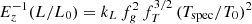 $$ \begin{aligned} E_z^{-1} (L/L_0) = k_L \, f_g^2 \, f_T^{3/2} \, (T_{\rm spec}/T_0)^2 \end{aligned} $$