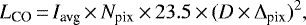 \begin{equation*} L_{\textrm{CO}}\,{=}\,I_{\textrm{avg}} \,{\times}\, N_{\textrm{pix}} \,{\times}\, 23.5 \,{\times}\, (D\,{\times}\, \Delta_{\textrm{pix}})^2, \end{equation*}