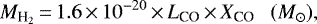 \begin{equation*} M_{\textrm{H}_2}\,{=}\,1.6\,{\times}\, 10^{-20}\,{\times}\, L_{\textrm{CO}} \,{\times}\, X_{\textrm{CO}} \ \ \ (M_{\odot}), \end{equation*}