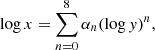 $$ \begin{aligned} \log x= \sum _{n=0}^{8} \alpha _{n} (\log { y})^{n}, \end{aligned} $$