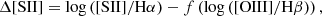 $$ \begin{aligned} \Delta [\mathrm{SII}] = \log \left([\mathrm{SII}]/\mathrm{H}\alpha \right)- f\left(\log \left([\mathrm{OIII}]/ \mathrm{H}\beta \right)\right), \end{aligned} $$