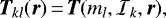 \begin{equation*} {\bm{T}}_{kl} ({\bm{r}})\,{=}\,{\bm{T}} (m_l, {{\cal{I}}}_k, {\bm{r}}) ,\end{equation*}