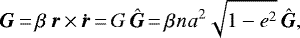 \begin{equation*} {\bm{G}}_{}\,{=}\,\beta_{} \, {\bm{r}}_{}\,{\times}\,{\bm{\dot{r}}}_{}\,{=}\,G \, {\bm{\hat{G}}}\,{=}\,\beta_{} n_{} a_{}^2 \sqrt{1-e_{}^2} \, {\bm{\hat{G}}} ,\end{equation*}