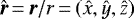${\bm{\hat{r}}}\,{=}\,{\bm{r}} / r\,{=}\,({\hat{x}}, {\hat{y}}, {\hat{z}})$