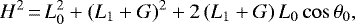 \begin{equation*} H^2\,{=}\,L_0^2 &#x002B; (L_1 &#x002B; G)^2 &#x002B; 2 \, (L_1 &#x002B; G) \, L_0 \cos \theta_0 ,\end{equation*}