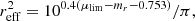 $$ \begin{aligned} r_{\rm eff}^2= 10^{0.4(\mu _{\rm lim}-m_r-0.753)} / \pi , \end{aligned} $$