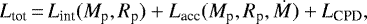 \begin{equation*}{L_{\textrm{tot}}}\,{=}\,{L_{\textrm{int}}}({M_{\textrm{p}}},{R_{\textrm{p}}}) &#x002B; {L_{\textrm{acc}}}({M_{\textrm{p}}},{R_{\textrm{p}}},{\dot{M}}) &#x002B; {L_{\textrm{CPD}}}, \end{equation*}