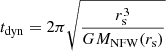 $$ \begin{aligned} t_{\rm dyn} = 2 \pi \sqrt{ \frac{ r_{\rm s}^3 }{ G M_{\rm NFW}(r_{\rm s}) }} \end{aligned} $$
