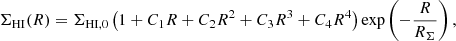 $$ \begin{aligned} \Sigma _{\rm HI} (R) = \Sigma _{\rm HI,0} \left( 1 + C_1 R + C_2 R^2 + C_3 R^3 + C_4 R^4 \right) \exp \left( -\frac{R}{R_\Sigma } \right), \end{aligned} $$