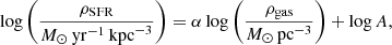 $$ \begin{aligned} \log \left( \frac{\rho _{\rm SFR}}{{M}_\odot \,\mathrm{yr}^{-1}\,\mathrm{kpc}^{-3}} \right) = \alpha \log \left( \frac{\rho _{\rm gas}}{{M}_\odot \,\mathrm{pc}^{-3}} \right) + \log A, \end{aligned} $$