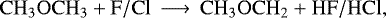 \begin{equation*}\mathrm{ CH_3OCH_3 &#x002B; F/Cl\,\longrightarrow\, CH_3OCH_2 &#x002B; HF/HCl } ,\end{equation*}