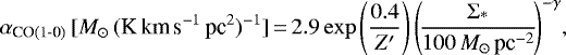 \begin{equation*}\alpha_{\textrm{CO(1{-}0)}}\,[M_{\odot}\,(\textrm{K\,km\,s}^{-1}\,\textrm{pc}^{2})^{-1}]\,{=}\,2.9\exp\left(\frac{0.4}{Z&#x0027;}\right) \left(\!\frac{\Sigma_{\textrm{*}}}{100\,{M_{\odot}\,\textrm{pc}^{-2}}}\!\right)^{-\gamma} \!,\end{equation*}