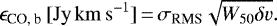 \begin{equation*}\epsilon_{\textrm{CO, b}}\,\mathrm{[Jy\,km\,s^{-1}]}\,{=}\,\sigma_{\textrm{RMS}}\sqrt{W_{50} \delta v}. \end{equation*}