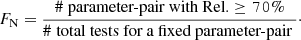 $$ \begin{aligned} F_{\rm N} =\frac{ \mathtt{\# \text{ parameter-pair with Rel.} \ge 70\%}}{\mathtt{\#\text{ total tests for a fixed parameter-pair }}}\cdot \end{aligned} $$