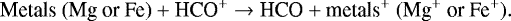 \begin{equation*}\noindent {\textrm{Metals~(Mg~or~Fe)}} &#x002B; {\textrm{HCO}^{&#x002B;}} \rightarrow {\textrm{HCO}} &#x002B; {\textrm{metals}^{&#x002B;}}~{(\textrm{Mg}^{&#x002B;}\textrm{~or~Fe}^{&#x002B;})}. \end{equation*}