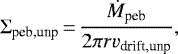 \begin{equation*} \Sigma_{\textrm{peb,unp}}\,{=}\,\dfrac{\dot{M}_{\textrm{peb}}}{2\pi rv_{\textrm{drift,unp}}},\end{equation*}