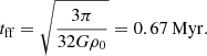 $$ \begin{aligned} t_{\rm ff} = \sqrt{\frac{3\pi }{32G\rho _0}}=0.67\,\mathrm{Myr}. \end{aligned} $$