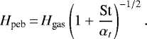 \begin{equation*} H_{\textrm{peb}}\,{=}\,H_{\textrm{gas}} \left(1&#x002B; \frac{\textrm{St}}{\alpha_t}\right)^{-1/2}. \end{equation*}