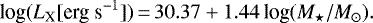 \begin{equation*} \textrm{log}(L_{\textrm{X}}[\textrm{erg~}\textrm{s}^{-1}])\,{=}\,30.37 &#x002B; 1.44\,\textrm{log}(M_{\star}/M_{\odot}). \end{equation*}