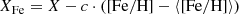 $$ \begin{aligned} X_{\rm Fe} = X - c \cdot (\mathrm{[Fe/H]} - \langle \mathrm{[Fe/H]}\rangle ) \end{aligned} $$