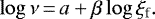 \begin{equation*} \log \nu\,{=}\,a &#x002B; \beta \log \xi_{\textrm{f}}.\end{equation*}