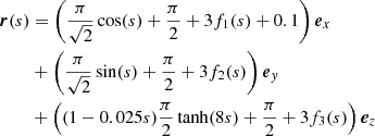 $$ \begin{aligned} \boldsymbol{r}(s)&= \left( \frac{\pi }{\sqrt{2}}\cos (s)+\frac{\pi }{2}+3f_1(s)+0.1\right){\boldsymbol{e}}_x \nonumber \\&+ \left( \frac{\pi }{\sqrt{2}}\sin (s) +\frac{\pi }{2}+3f_2(s) \right){\boldsymbol{e}}_{ y} \nonumber \\&+ \left( (1-0.025s)\frac{\pi }{2}\tanh (8s)+\frac{\pi }{2}+3f_3(s) \right){\boldsymbol{e}}_z \end{aligned} $$