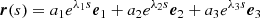 $$ \begin{aligned} \boldsymbol{r} \!\left(s\right) = a_1 e^{\lambda _1 s} \boldsymbol{e}_1 + a_2 e^{\lambda _2 s} \boldsymbol{e}_2 + a_3 e^{\lambda _3 s} \boldsymbol{e}_3 \end{aligned} $$